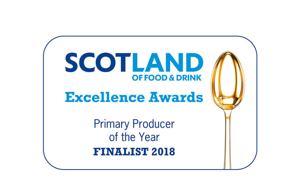 Award certificate stating "SCOTLAND FOOD & DRINK Excellence Awards, Primary Producer of the Year FINALIST 2018" with a gold spoon.