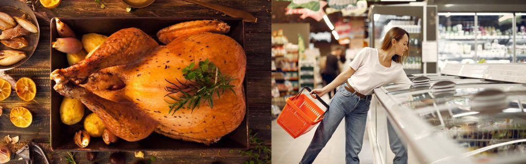 Roasted turkey on a tray with herbs and a person shopping with a basket in a grocery store.